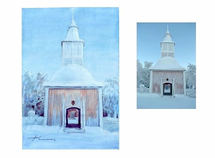 Watercolor church portrait from a photo of an arctic church by portrait artist Mike Theuer. Photo reference included.