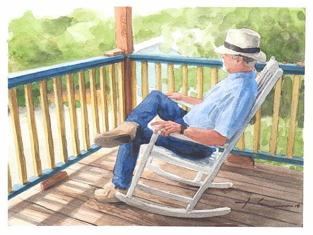 Watercolor house portrait from a photo of a back porch and a man in a rocker by portrait artist Mike Theuer.