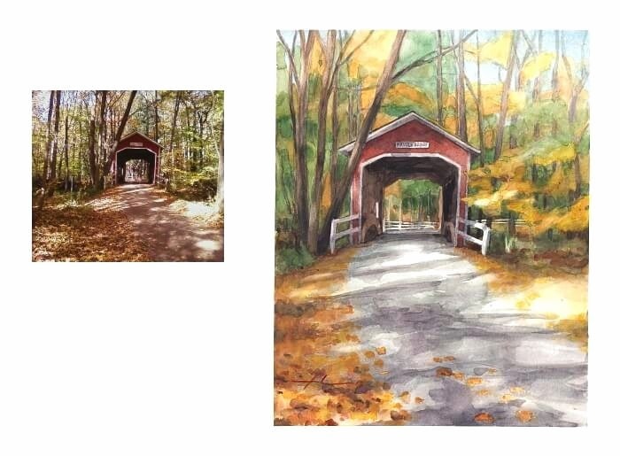 Watercolor bridge portrait from a photo of a covered bridge in the woods by portrait artist Mike Theuer. Photo reference included.