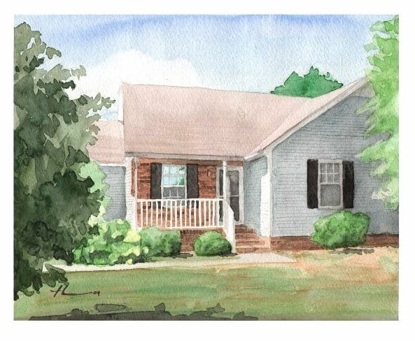 Watercolor house portrait from a photo of a first-time home by portrait artist Mike Theuer.