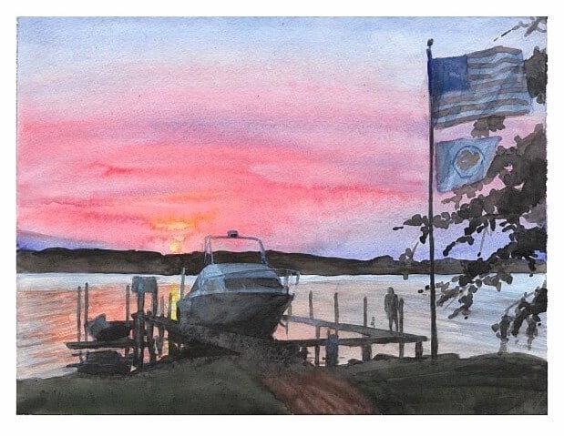 Watercolor lakeside portrait from a photo of a lake shore at sunset by portrait artist Mike Theuer.