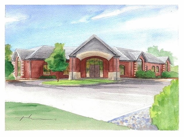 Watercolor house portrait from a photo of an office building by portrait artist Mike Theuer.