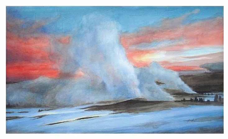 Old Faithful Geyser at sunrise watercolor by portrait artist Mike Theuer.