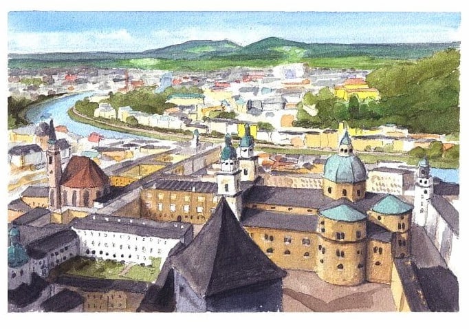 Watercolor city portrait from a photo of Salzburg by portrait artist Mike Theuer.