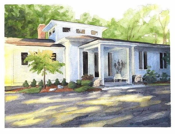 Watercolor house portrait from a photo of home in sun and shadow by portrait artist Mike Theuer.