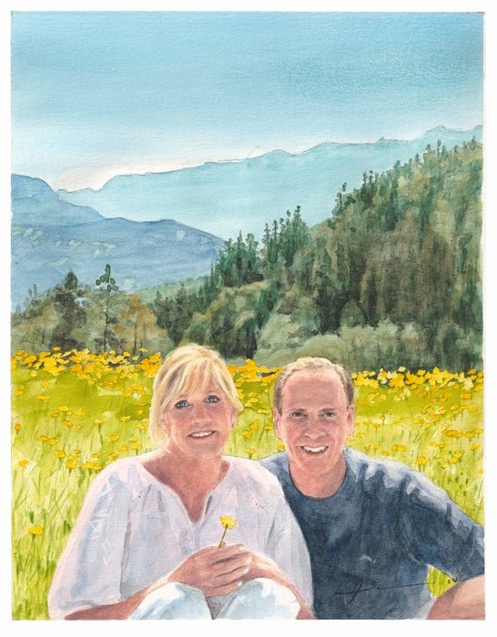 couple in salzburg watercolor portrait by portrait artist Mike Theuer