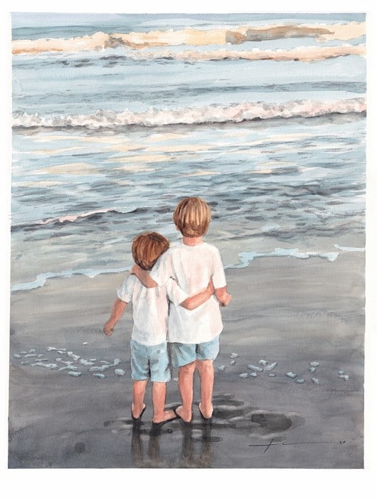 brothers sunset ocean waves watercolor portrait by portrait artist Mike Theuer