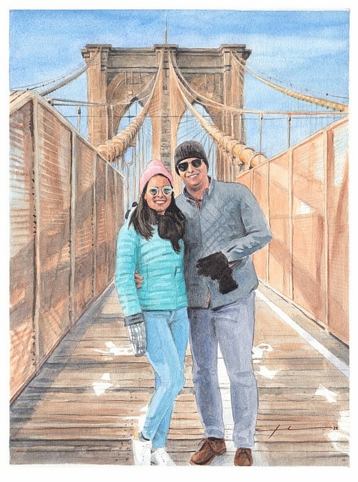 couple walking brooklyn bridge watercolor portrait by portrait artist Mike Theuer