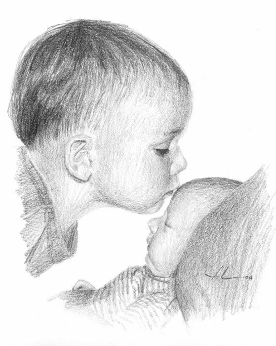 baby brothers kiss pencil portrait by portrait artist Mike Theuer