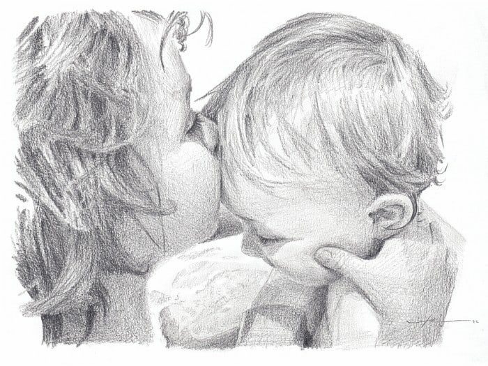 baby brothers tub kiss pencil portrait by portrait artist Mike Theuer