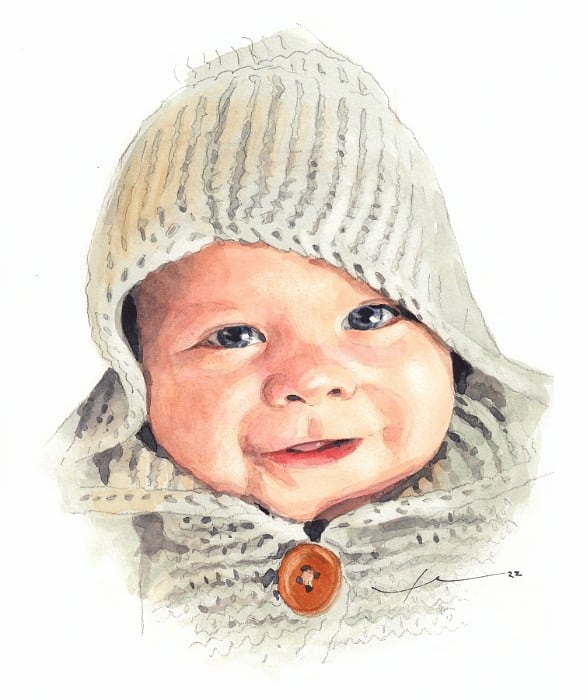 baby in knitted hoodie watercolor portrait by portrait artist Mike Theuer