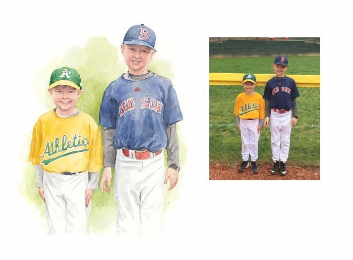 Watercolor family portrait from a photo of brothers in little league baseball by portrait artist Mike Theuer. Photo reference included