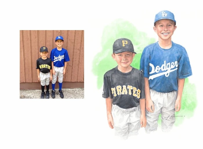 Watercolor family portrait from a photo of little league brothers by portrait artist Mike Theuer. Photo reference included