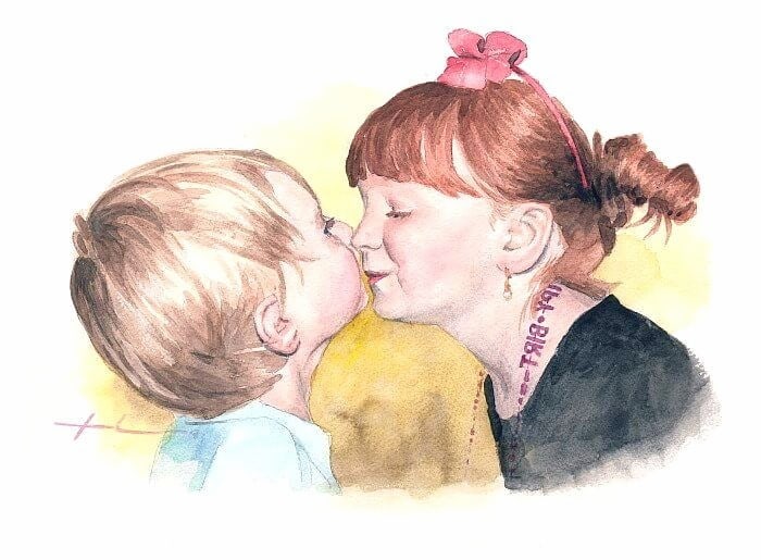 Watercolor family portrait from a photo of baby brother and sister giving a little kiss by portrait artist Mike Theuer
