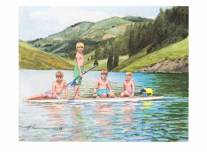 Watercolor family portrait from a photo of four brothers on one paddle surf board by portrait artist Mike Theuer