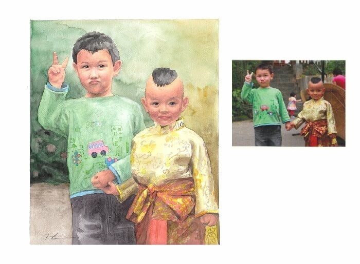 Watercolor family portrait from photo of cousins from different cultures holding hands by portrait artist Mike Theuer. Photo reference included