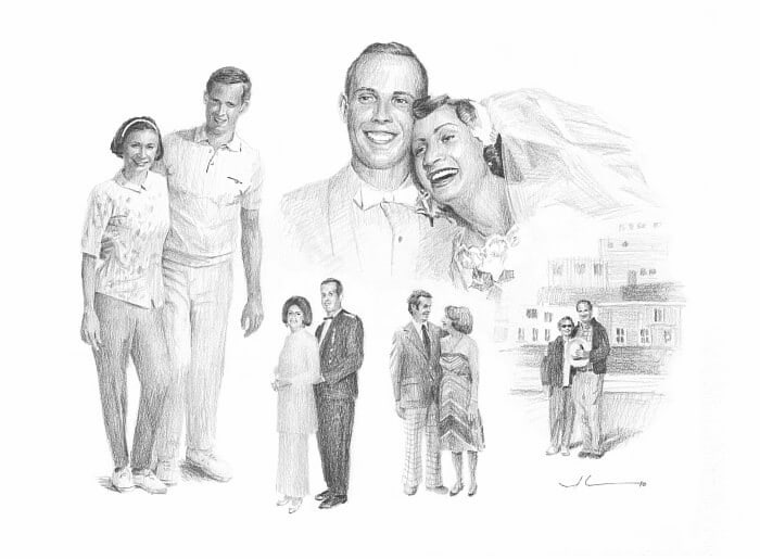 Pencil family portrait from a photo of a couple through history by portrait artist Mike Theuer from separate photos