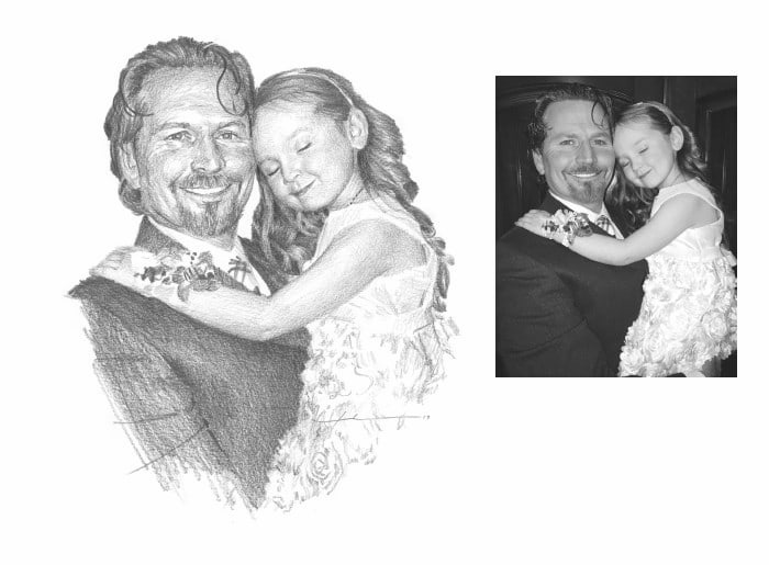 Pencil family portrait from a photo of a daughter hugging her dad by portrait artist Mike Theuer. Photo reference included