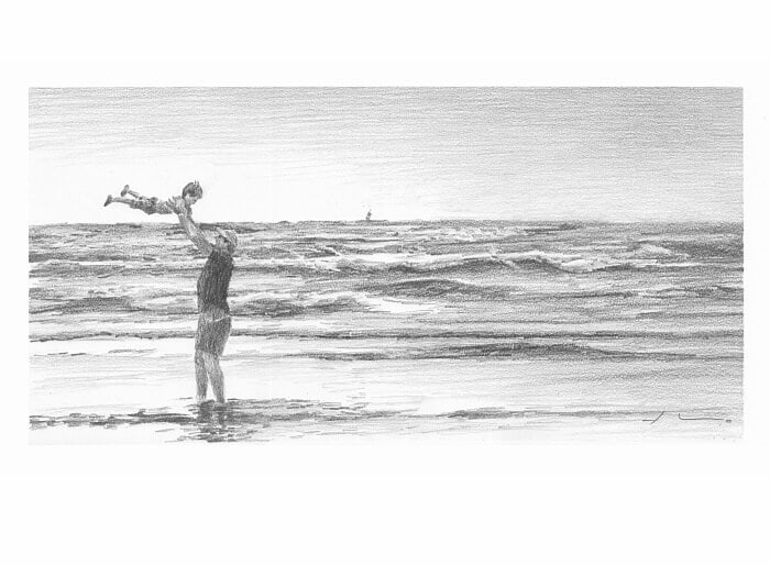 Pencil family portrait from a photo of dad and son near the ocean by portrait artist Mike Theuer