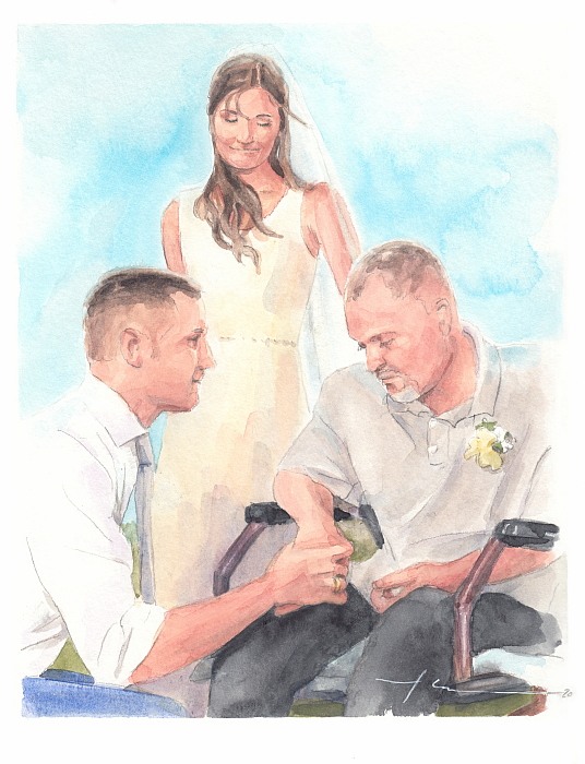 departed dad and new son in law watercolor portrait by portrait artist Mike Theuer