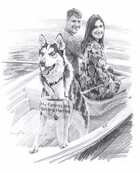 dog and couple engaged pencil portrait by portrait artist Mike Theuer
