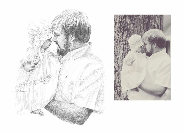 Pencil family portrait from a photo of dad holding his infant daughter by portrait artist Mike Theuer. Photo reference included