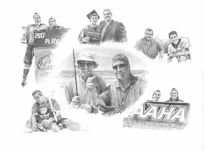 Pencil family portrait from a photo of dad with his dad and his kids by portrait artist Mike Theuer from separate photos