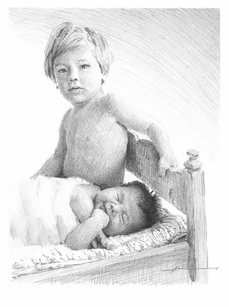 baby brothers pencil portrait from a photo by portrait artist Mike Theuer