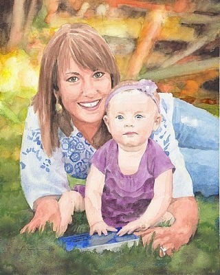 baby and mom on lawn watercolor portrait from a photo by portrait artist Mike Theuer