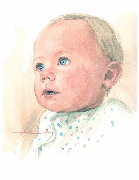 baby girl watercolor painting from a photo by portrait artist Mike Theuer