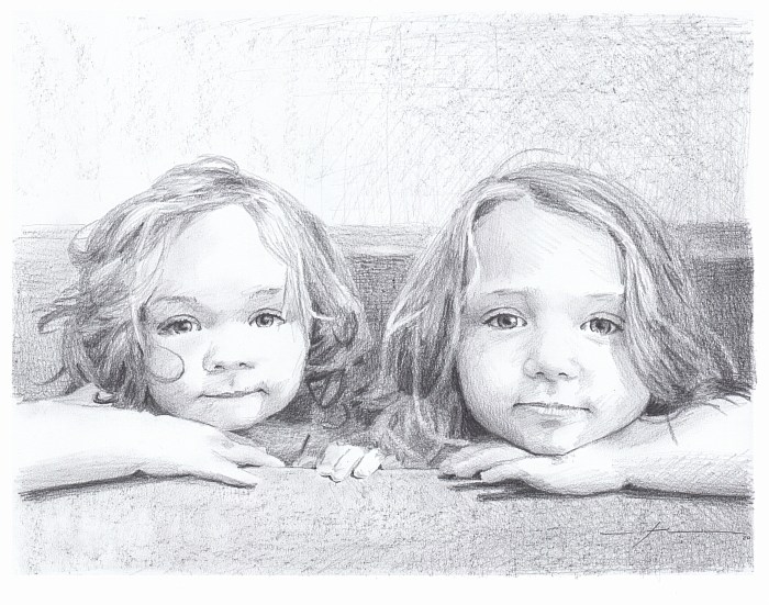 baby sisters in bathtub pencil portrait from a photo by portrait artist Mike Theuer