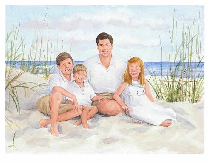 beach family watercolor painting from a photo by portrait artist Mike Theuer