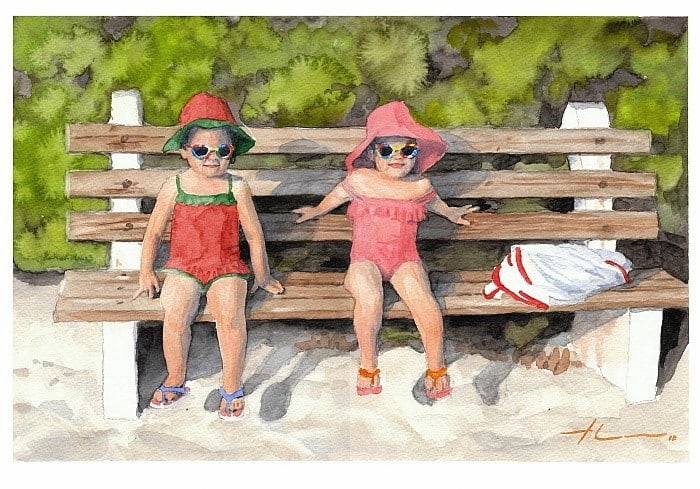 beach twins watercolor painting from a photo by portrait artist Mike Theuer