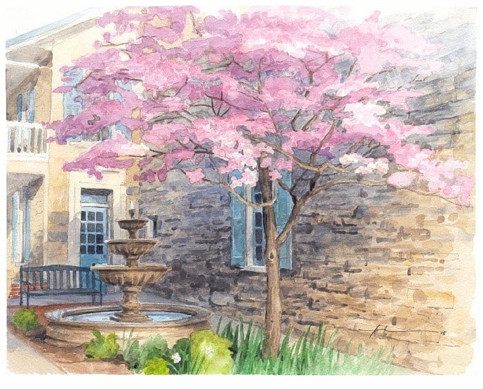 bellefonte art museum courtyard watercolor portrait from a photo by portrait artist Mike Theuer
