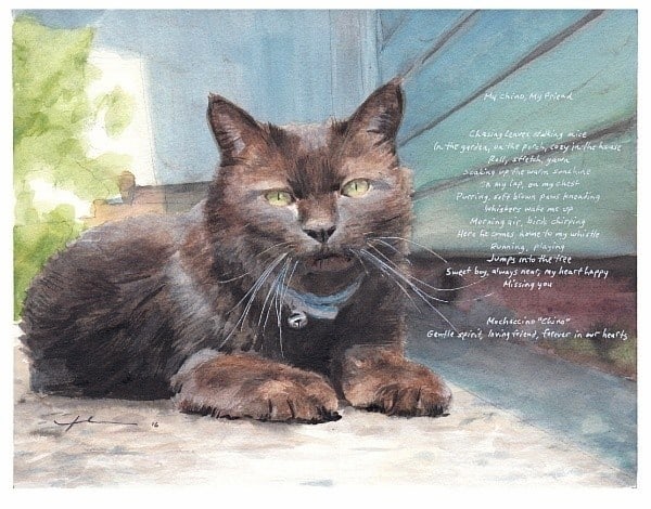 black brown cat watercolor portrait from a photo by portrait artist Mike Theuer