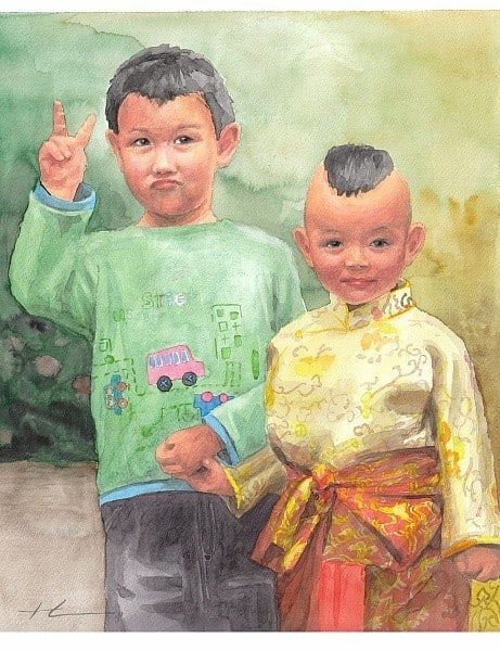 boys of different cultures watercolor painting from a photo by portrait artist Mike Theuer