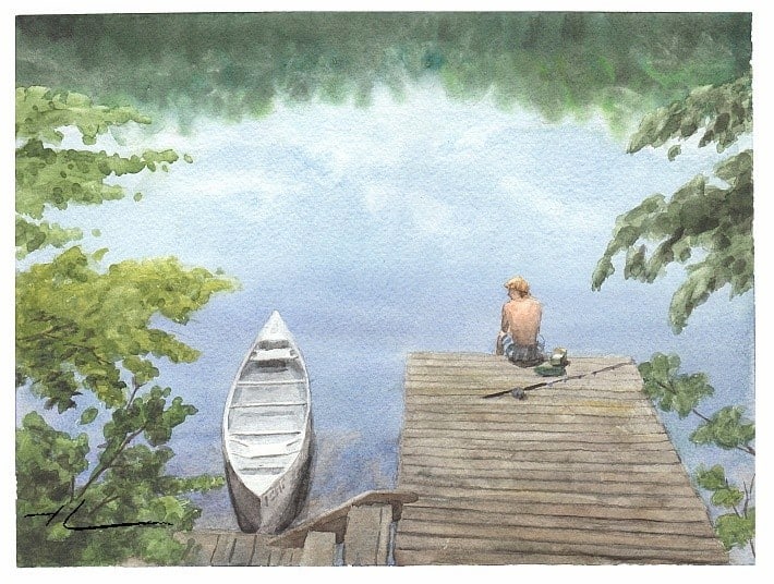 boy on a lake watercolor portrait from a photo by portrait artist Mike Theuer