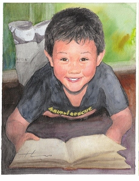 boy reading watercolor painting from a photo by portrait artist Mike Theuer