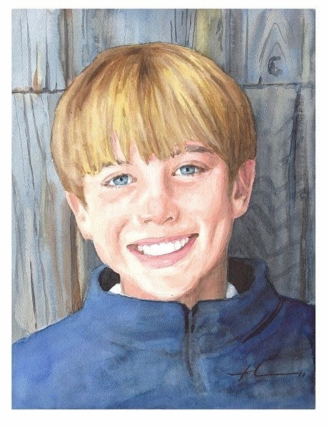 boy winter watercolor painting from a photo by portrait artist Mike Theuer