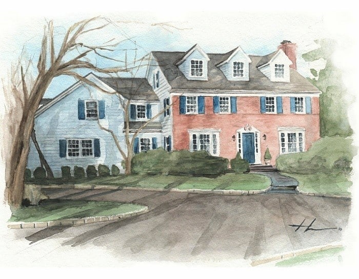 brick house watercolor portrait from a photo by portrait artist Mike Theuer