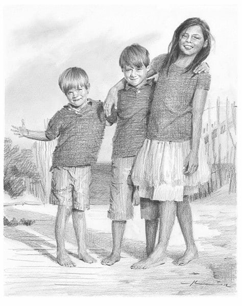 brothers and sister beach pencil drawing from a photo by portrait artist Mike Theuer