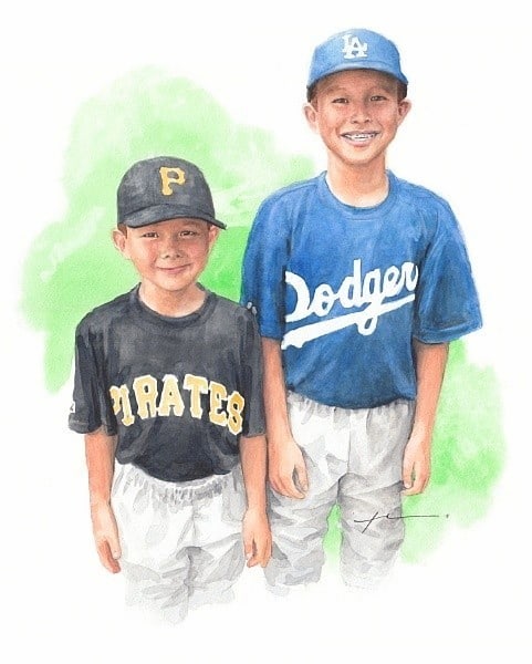 brothers in baseball watercolor portrait from a photo by portrait artist Mike Theuer