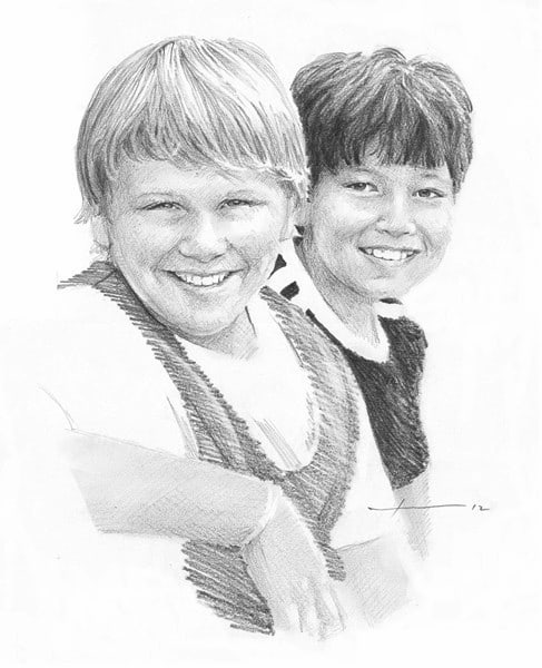 brothers pencil drawing from a photo by portrait artist Mike Theuer