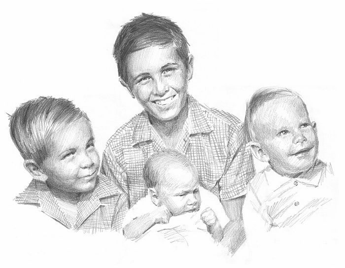 brothers pencil portrait from a photo by portrait artist Mike Theuer