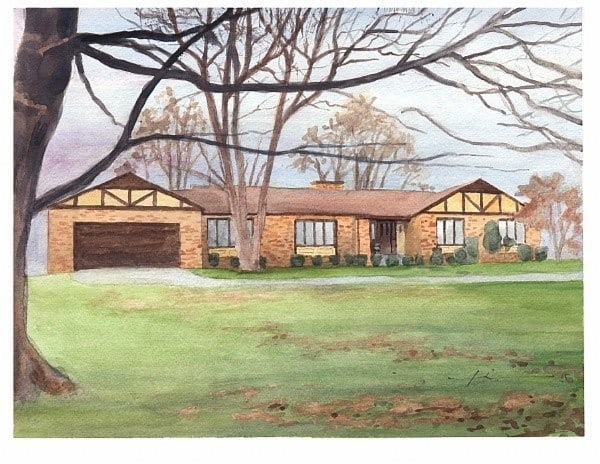 childhood home watercolor portrait from a photo by portrait artist Mike Theuer