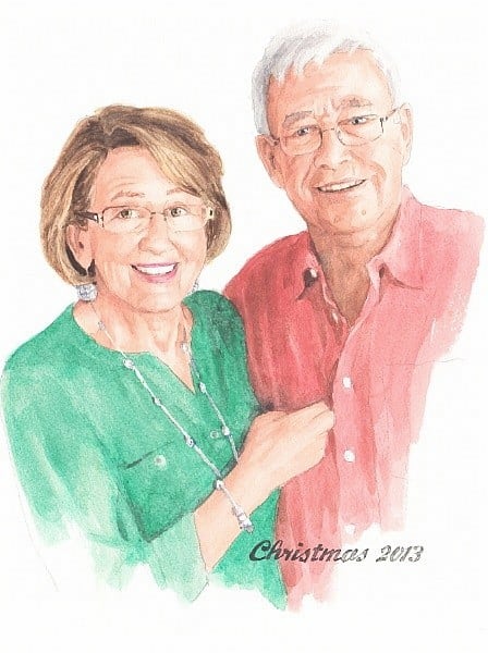 christmas grandparents watercolor portrait from a photo by portrait artist Mike Theuer