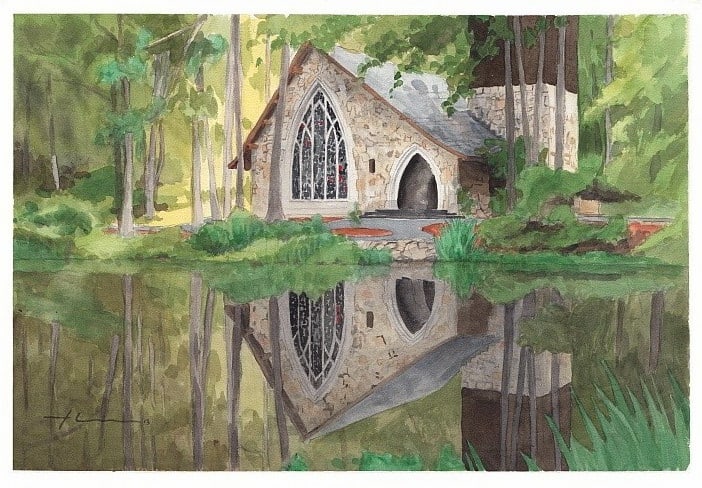 church in woods watercolor portrait from a photo by portrait artist Mike Theuer