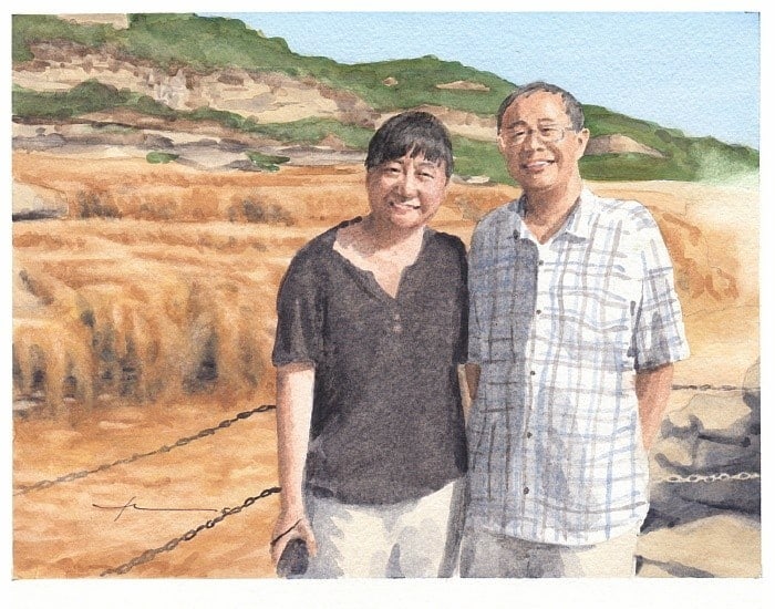 couple at yellow river waterfall watercolor portrait from a photo by portrait artist Mike Theuer