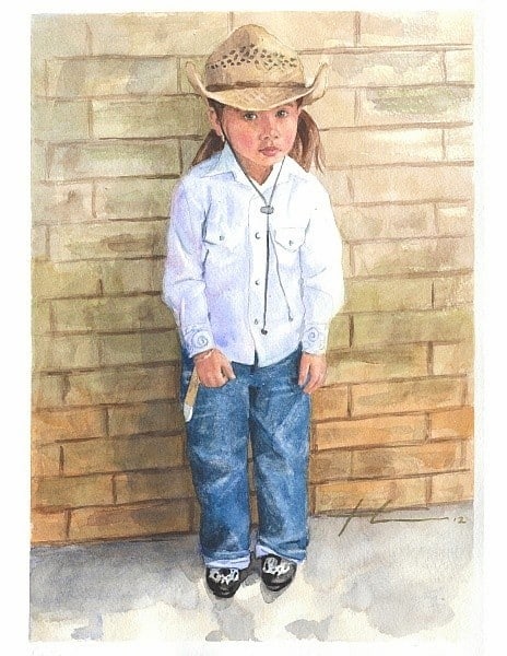cowgirl watercolor portrait from a photo by portrait artist Mike Theuer