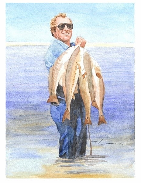 dad fishing watercolor painting from a photo by portrait artist Mike Theuer